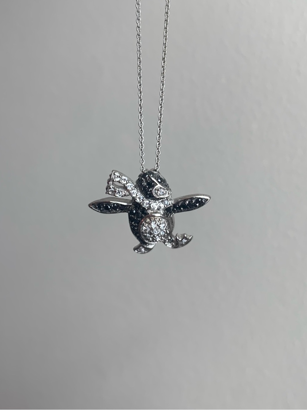 Sterling Silver Penguin Necklace 925 Italy CZ Pave Dainty Animal Pendant 18”